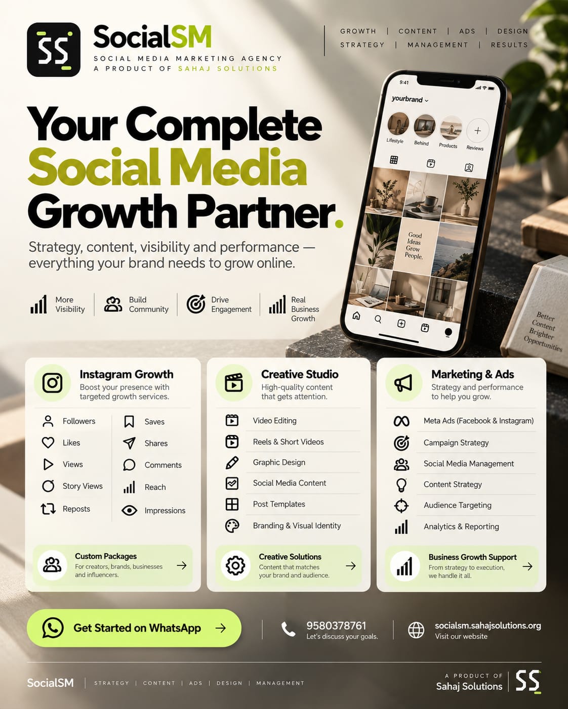 SocialSM launch poster — Your Complete Social Media Growth Partner